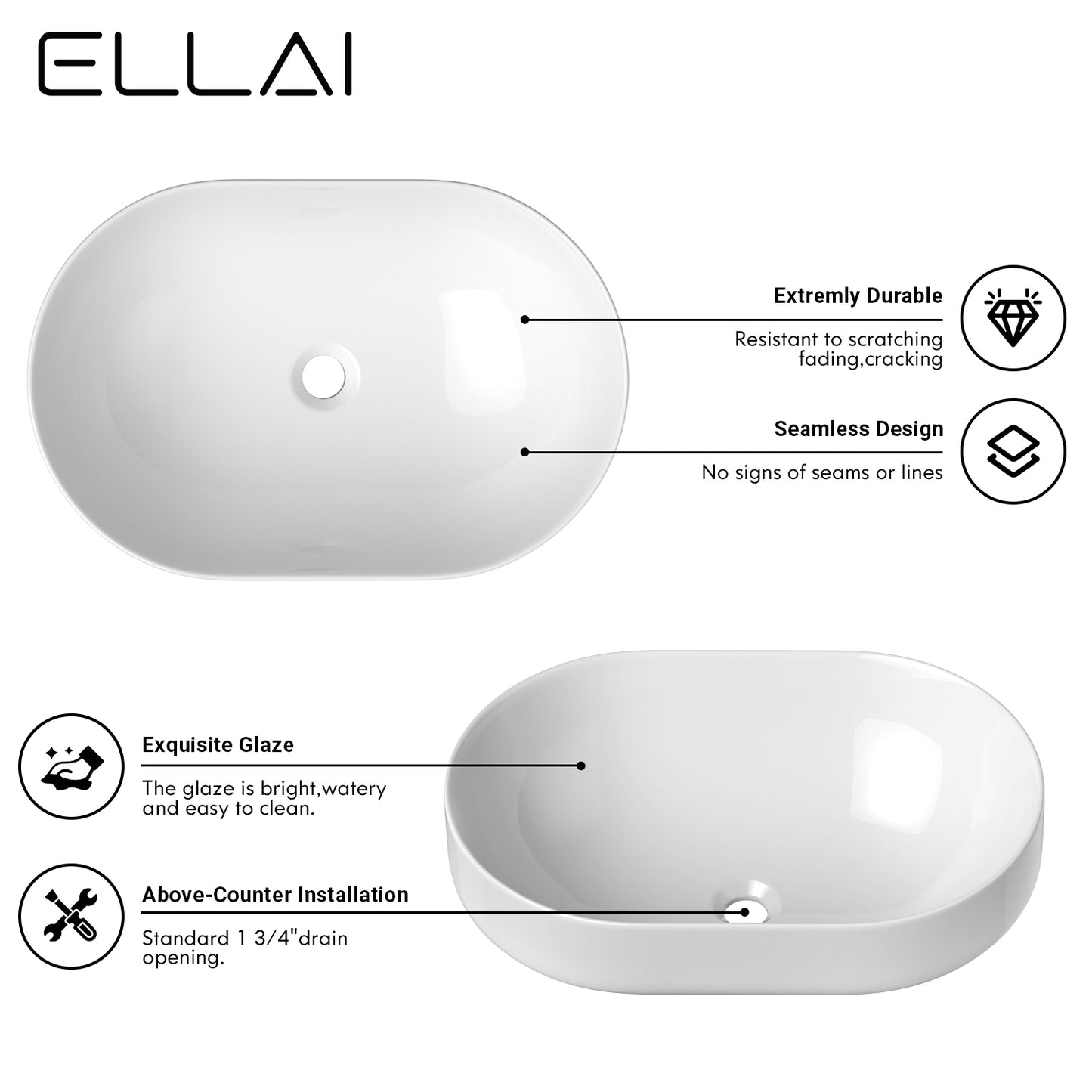 ELLAI Polaris Oval Bathroom Vessel Sink Above Counter, White Ceramic Vessel Sink, Countertop Vanity Sink Art Basin, 23.6"x15.7"x6.8"(Drain, Faucet and the soap dish are not included)