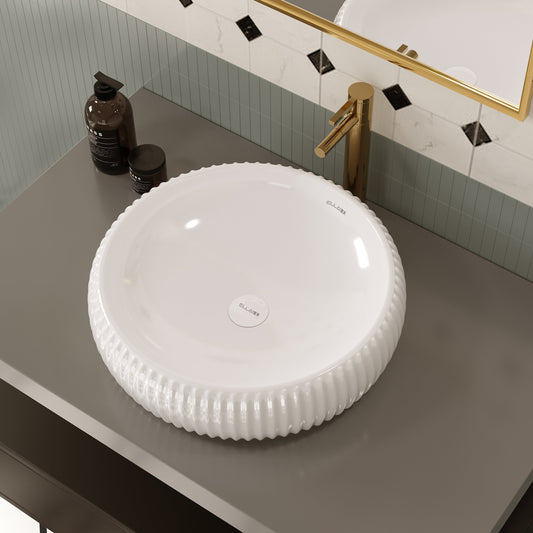 ELLAI宜来 Bathroom Vessel Sink 16.5"x4.9" Round Glossy White Vessel Sink with White Pop Up Drain, Bathroom Sink Above Counter, Ceramic Countertop Vessel Sink for Bathroom