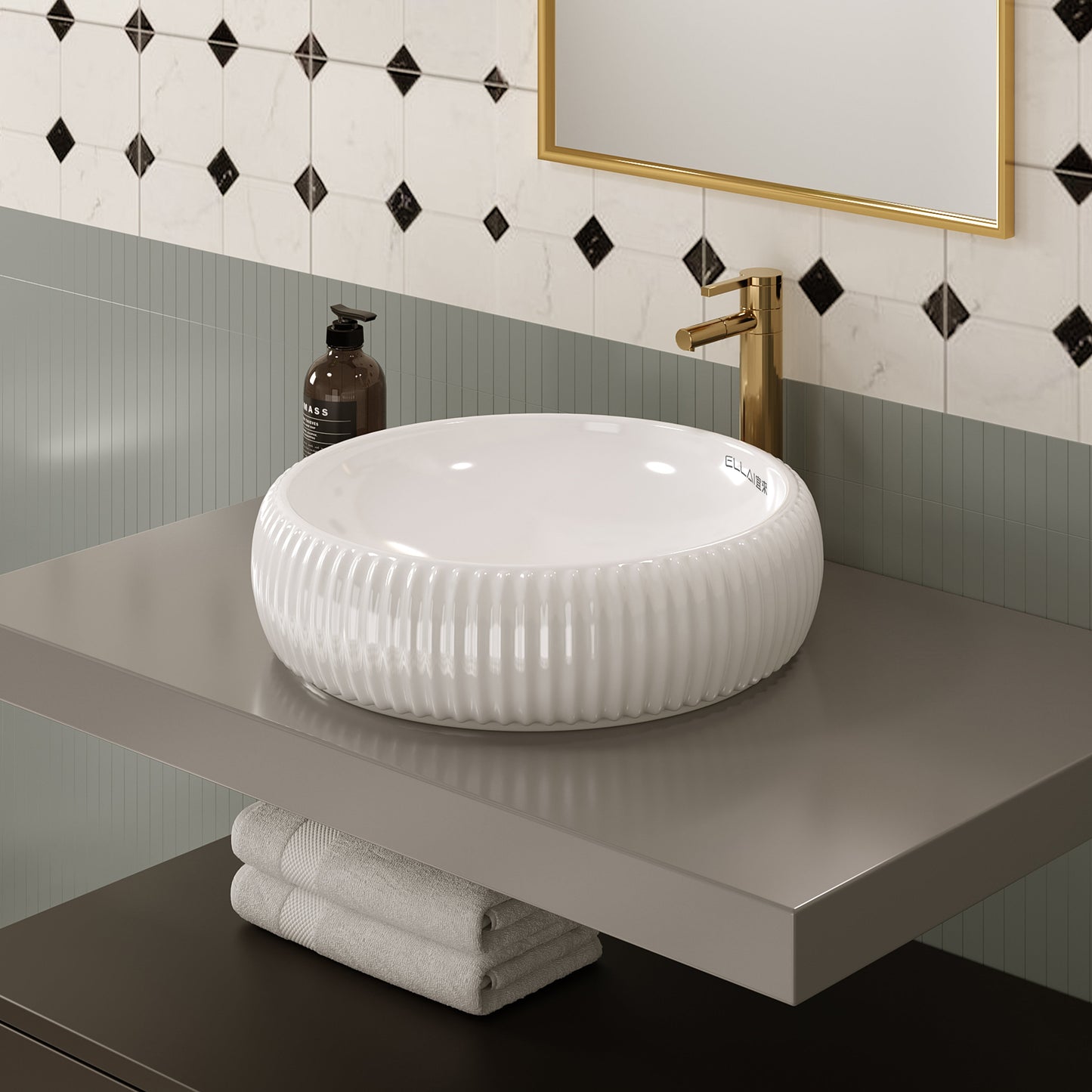 ELLAI宜来 Bathroom Vessel Sink 16.5"x4.9" Round Glossy White Vessel Sink with White Pop Up Drain, Bathroom Sink Above Counter, Ceramic Countertop Vessel Sink for Bathroom