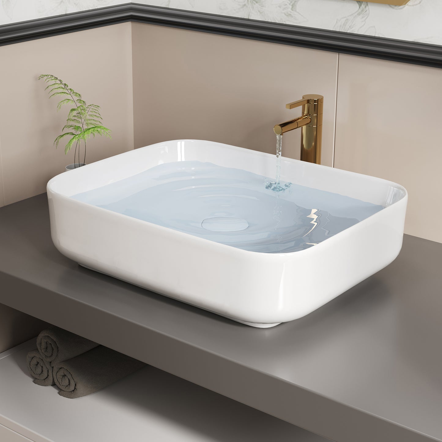ELLAI Bathroom Vessel Sink 19.7"x15.2"x5.4" Rectangle Glossy White Vessel Sink with White Pop Up Drain, Bathroom Sink Above Counter, Ceramic Countertop Vessel Sink for Bathroom