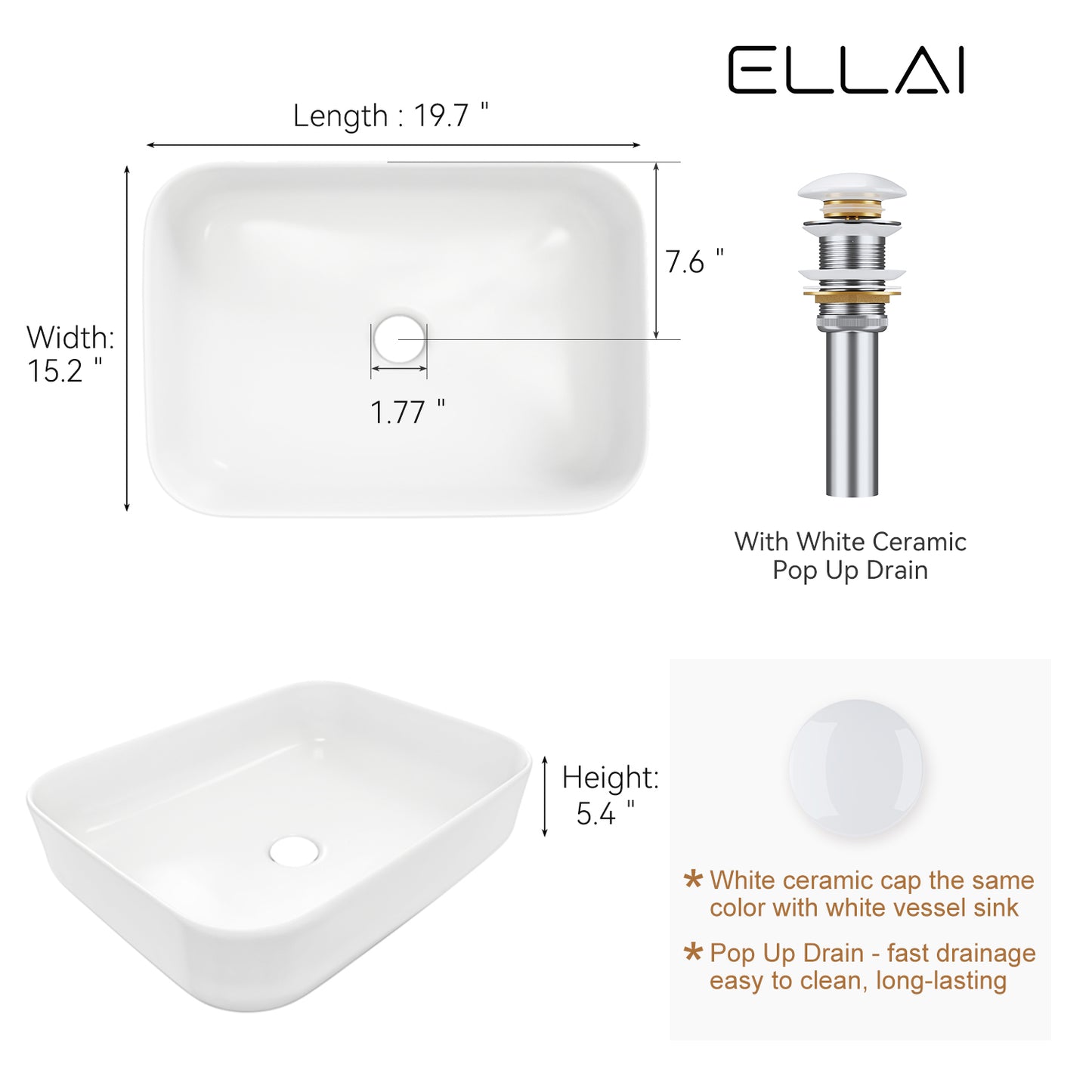 ELLAI Bathroom Vessel Sink 19.7"x15.2"x5.4" Rectangle Glossy White Vessel Sink with White Pop Up Drain, Bathroom Sink Above Counter, Ceramic Countertop Vessel Sink for Bathroom