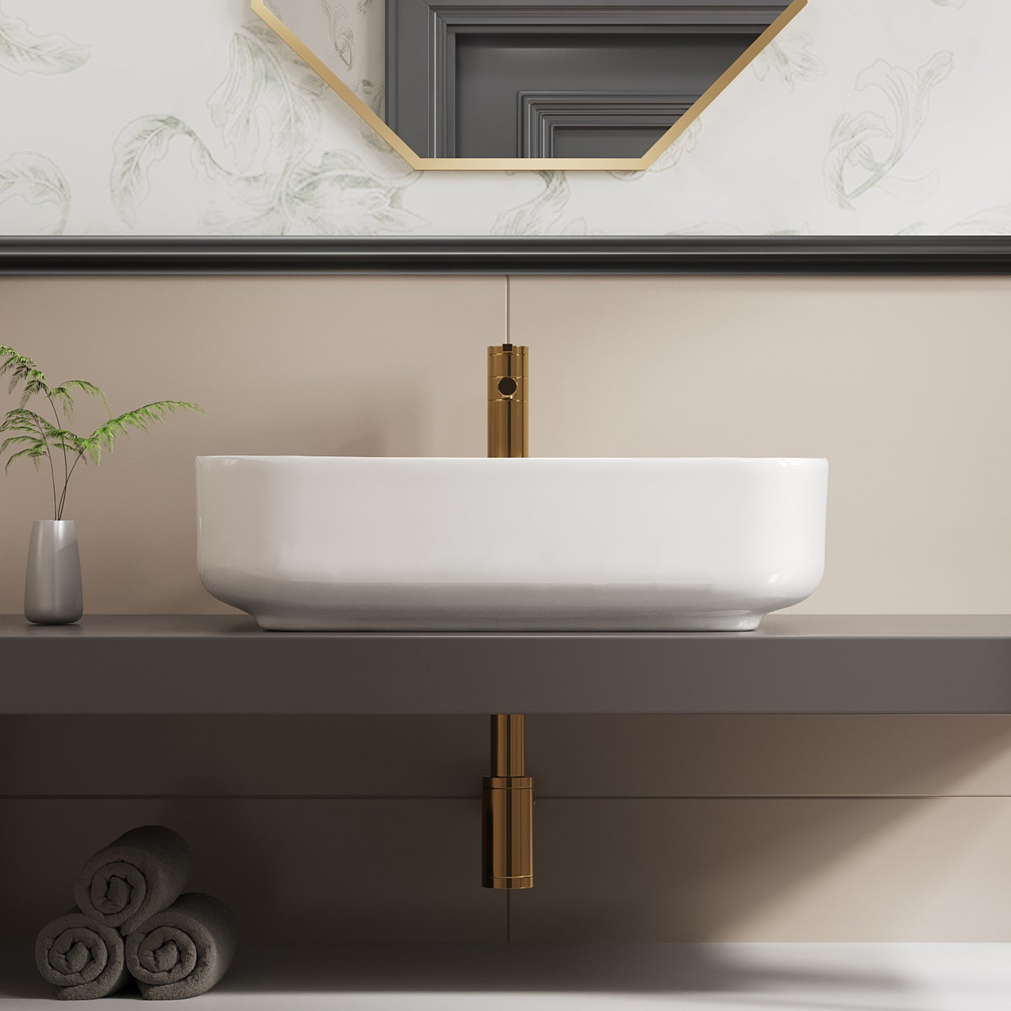 ELLAI Bathroom Vessel Sink 19.7"x15.2"x5.4" Rectangle Glossy White Vessel Sink with White Pop Up Drain, Bathroom Sink Above Counter, Ceramic Countertop Vessel Sink for Bathroom