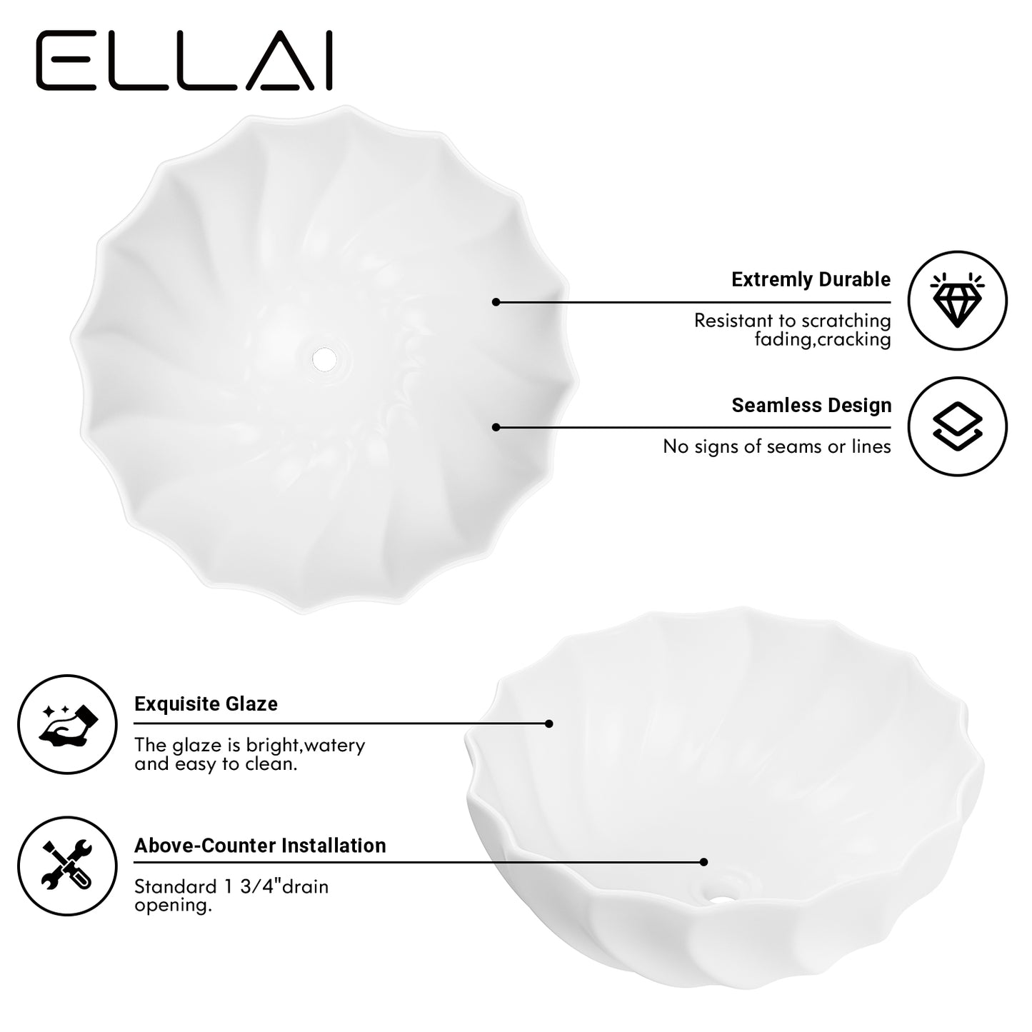 ELLAI 18.3''x6.5'' Round Vessel Sink Glossy White Bathroom Sink Above Counter Bowl Sink Porcelain Ceramic Vanity Art Basin