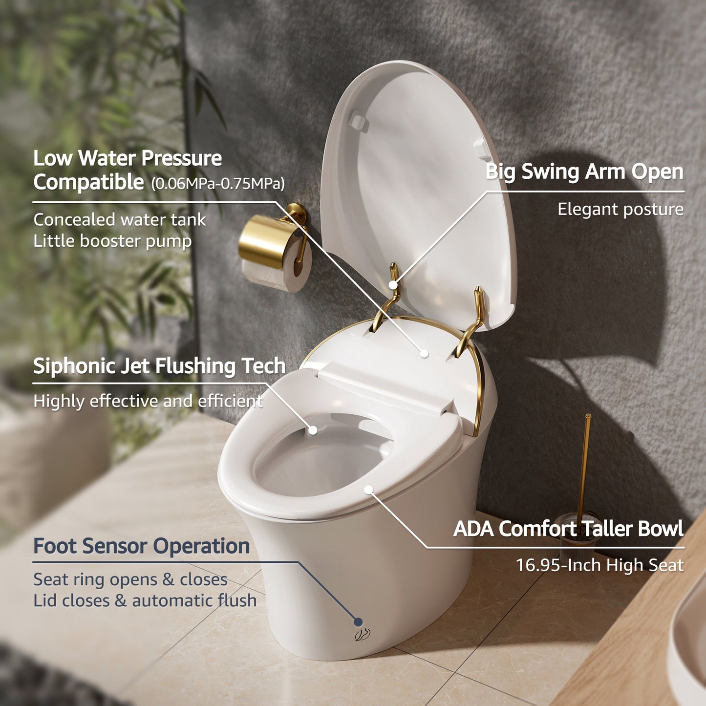 ELLAI Golden Strip Artistic Smart Toilet,Powerful Flush,Auto Open/Close,Comfort Height,Instant Warm Water&Dryer,Remote,Foot sensor,Auto flush,Heated seat,Deodorization,Low water pressure requirement