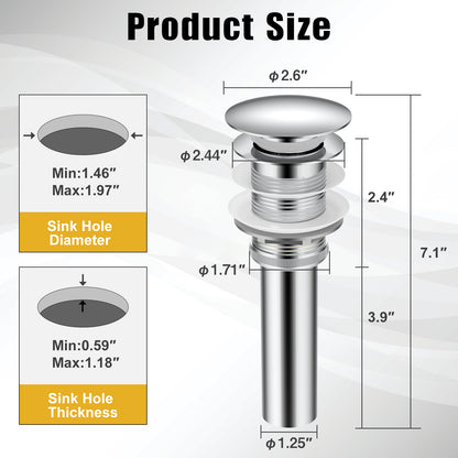 ELLAI Bathroom Sink Drain, Drain Stopper Bathroom Sink Without Overflow, Pop Up Drain Brass and 304 Stainless Steel, Polished Chrome