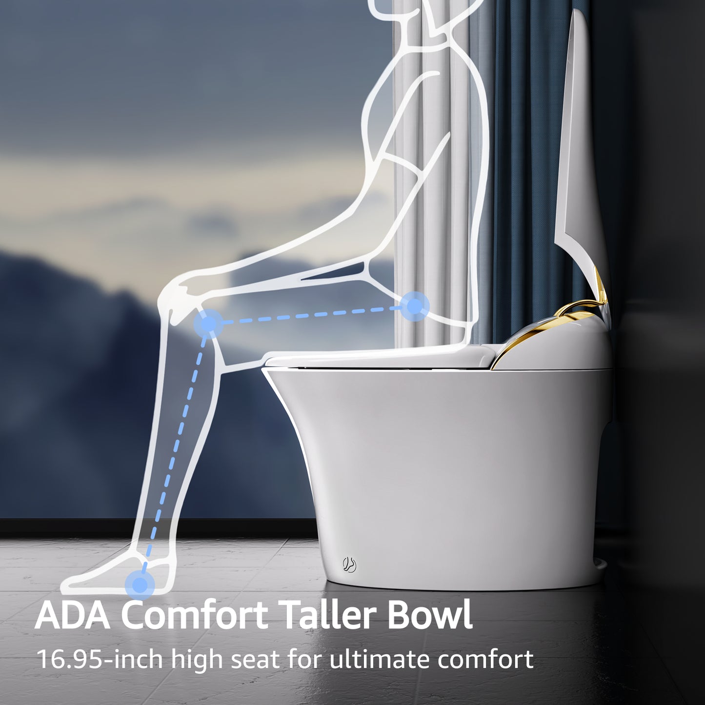 ELLAI Golden Strip Artistic Smart Toilet,Powerful Flush,Auto Open/Close,Comfort Height,Instant Warm Water&Dryer,Remote,Foot sensor,Auto flush,Heated seat,Deodorization,Low water pressure requirement