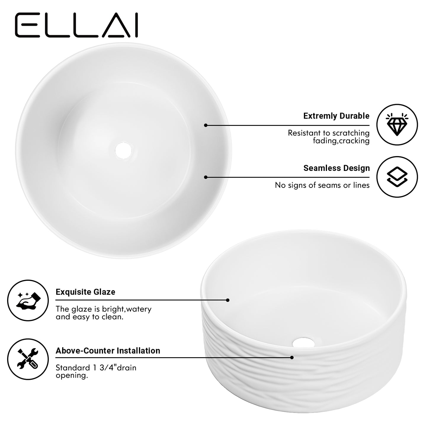 ELLAI 15.7''x5.9'' Round Vessel Sink Glossy White Bathroom Sink Above Counter Bowl Sink Porcelain Ceramic Vanity Art Basin