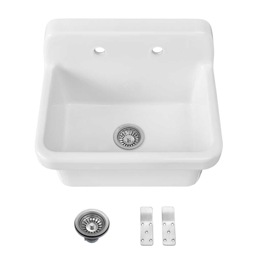 ELLAI White Ceramic Farmhouse Kitchen Sink 24"x19"x16.5" Farm Style Wall Mount Utility Sink High Back Floating Bathroom Sink Wall Mounted Laundry Sink with 8 Inch Center Faucet Matte Black