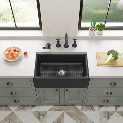 ELLAI Farmhouse Sink 30 Inch Fireclay Undermount Apron Front Classic Farm Sink Single Bowl Kitchen Sink with Protective Bottom Grid and Strainer Matte Black