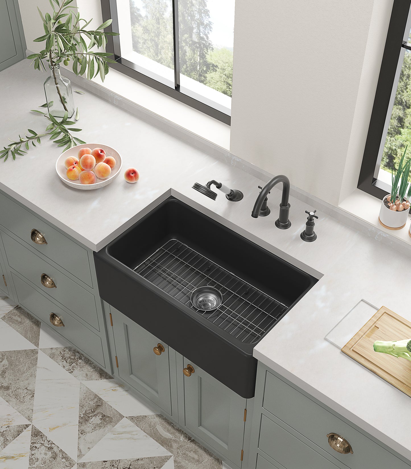 ELLAI Farmhouse Sink 30 Inch Fireclay Undermount Apron Front Classic Farm Sink Single Bowl Kitchen Sink with Protective Bottom Grid and Strainer Matte Black