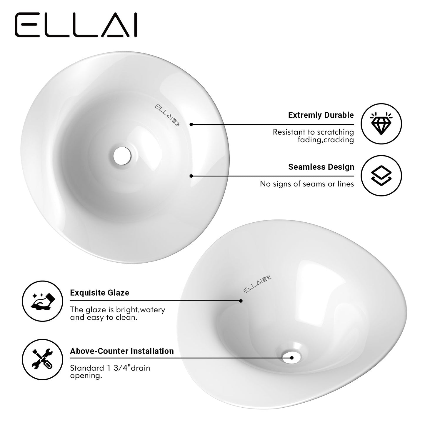 ELLAI Bonnet Bathroom Vessel Sink Above Counter, White Ceramic Vessel Sink, Countertop Vanity Sink Art Basin, 20"x 19.3"x7.4"(Drain, Faucet and the soap dish are not included)