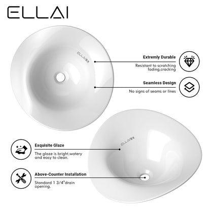 ELLAI Bonnet Bathroom Vessel Sink Above Counter, White Ceramic Vessel Sink, Countertop Vanity Sink Art Basin, 20"x 19.3"x7.4"(Drain, Faucet and the soap dish are not included)