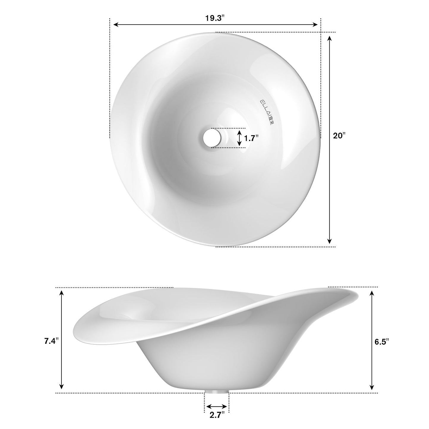 ELLAI Bonnet Bathroom Vessel Sink Above Counter, White Ceramic Vessel Sink, Countertop Vanity Sink Art Basin, 20"x 19.3"x7.4"(Drain, Faucet and the soap dish are not included)