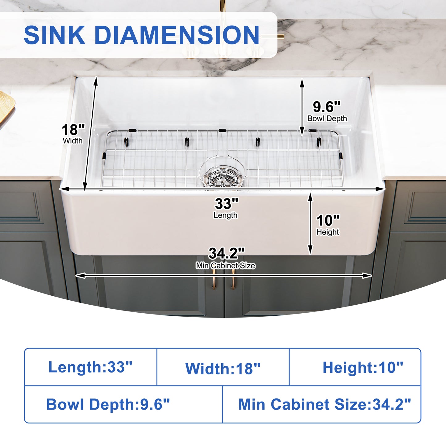 ELLAI Farmhouse Sink 33 Inch White Fireclay Apron Front Single Bowl Deep Drop In Kitchen Sink Undermount Farm Sink with Bottom Grid & Strainer, 33”x18”x10” Flat