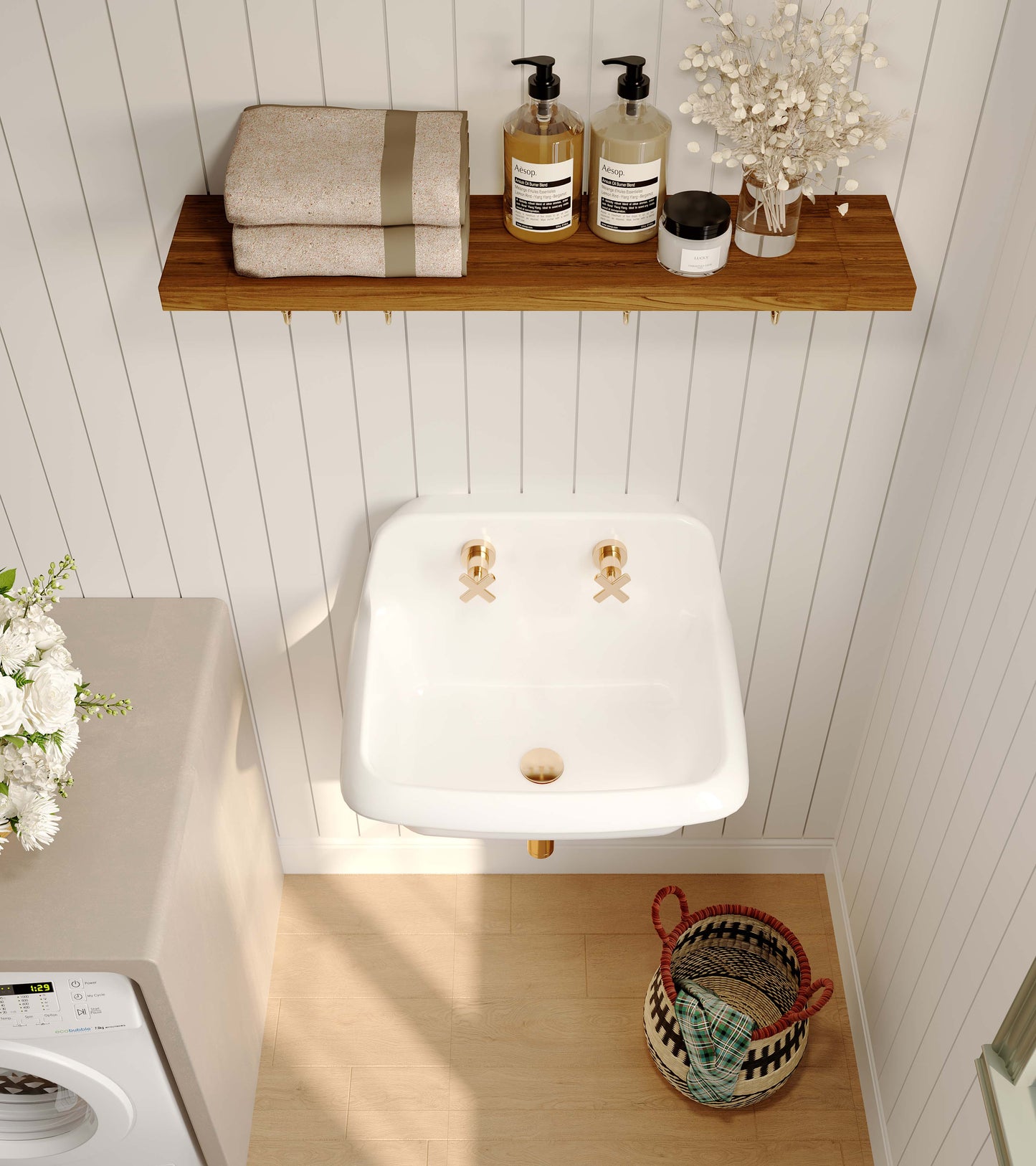 ELLAI 24 Inch Wall Mounted High Back Kitchen Sink White Porcelain Utility Sink Farm Sink Ceramic Farmhouse Laundry Sink Wall Mount Bathroom Sink, 8 in centers, 24” x 17” x 15”