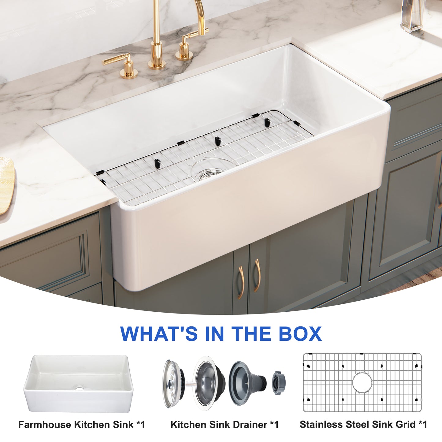 ELLAI Farmhouse Sink 33 Inch White Fireclay Apron Front Single Bowl Deep Drop In Kitchen Sink Undermount Farm Sink with Bottom Grid & Strainer, 33”x18”x10” Flat