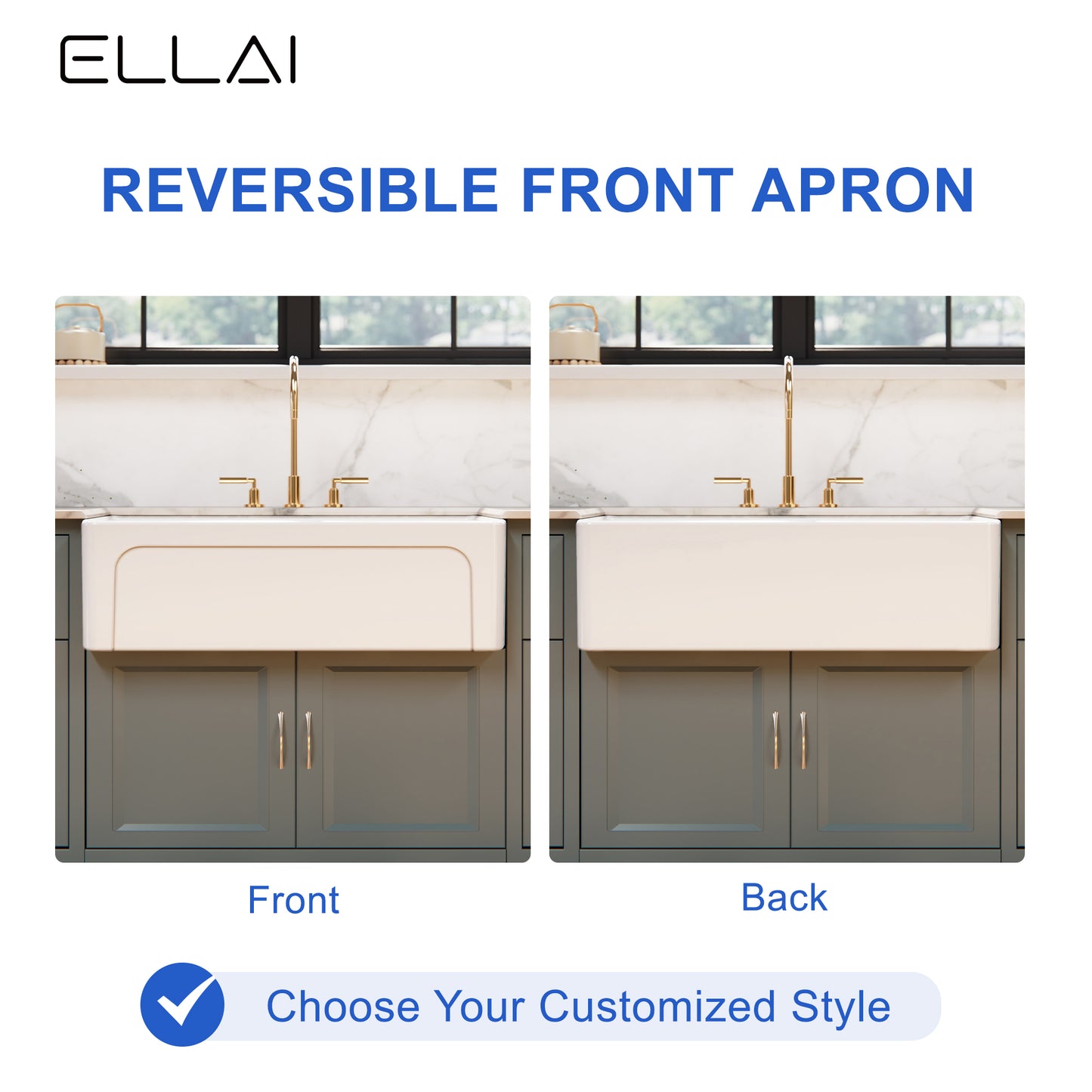 ELLAI Farmhouse Sink 33 Inch White Fireclay Apron Front Single Bowl Deep Drop In Kitchen Sink Undermount Farm Sink with Bottom Grid & Strainer, 33”x18”x10” Flat