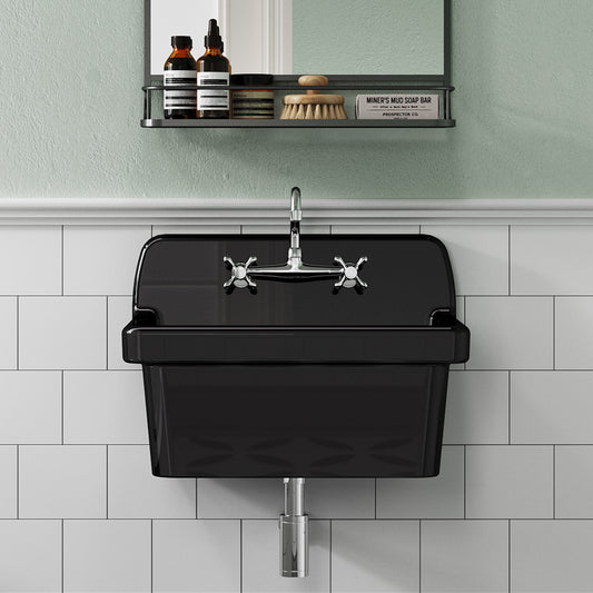 ELLAI Glossy Black Ceramic Farmhouse Kitchen Sink 24"x19"x16.5" Farm Style Wall Mount Utility Sink High Back Floating Bathroom Sink Wall Mounted Laundry Sink Laundry Tub Slop Sink