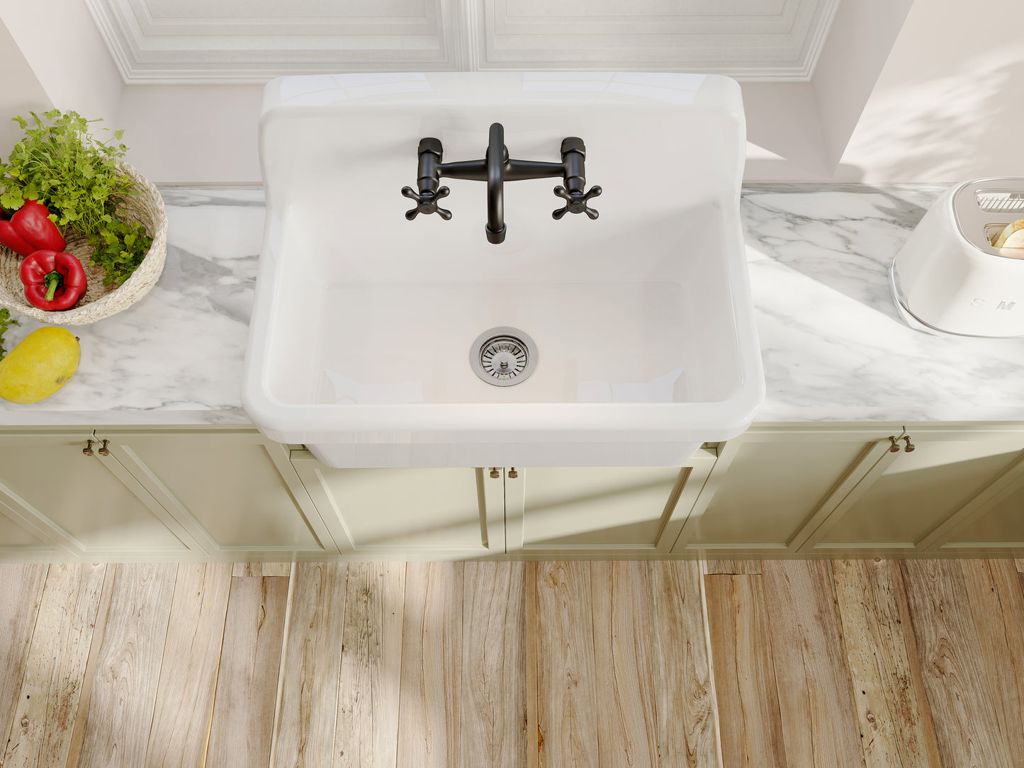 ELLAI White Ceramic Farmhouse Kitchen Sink 30"x19"x18" Farm Style Wall Mount Utility Sink High Back Floating Bathroom Sink Wall Mounted Laundry Sink with 8 Inch Center Faucet Matte Black