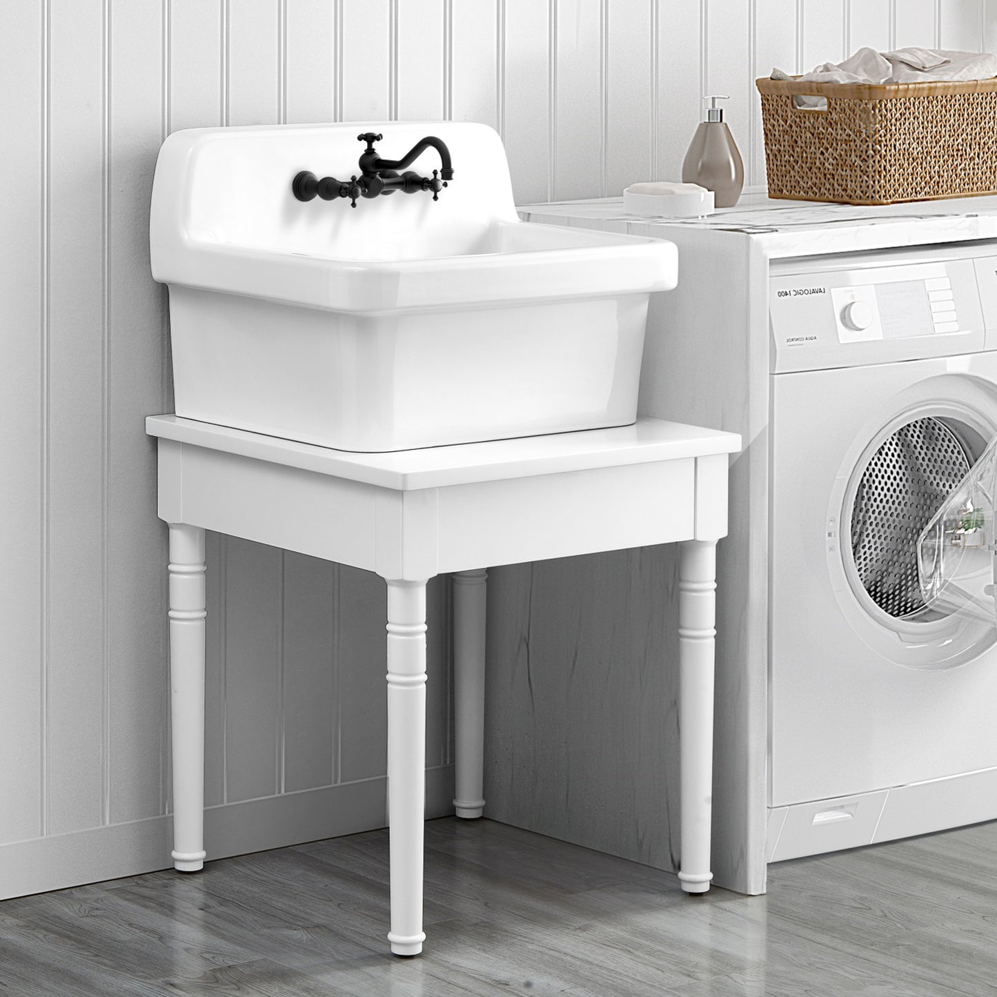 ELLAI Utility Sink Wood Solid Table Laundry Sink Table Freestanding Utility Tub for 24 inch Sink for Workshop, Laundry Room, Garage, Basement,Garden, Pet Wash Station, White 24”x24"x26"