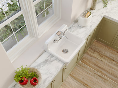 ELLAI White Ceramic Farmhouse Kitchen Sink 24"x19"x16.5" Farm Style Wall Mount Utility Sink High Back Floating Bathroom Sink Wall Mounted Laundry Sink with 8 Inch Center Faucet Chrome with Soap Tray