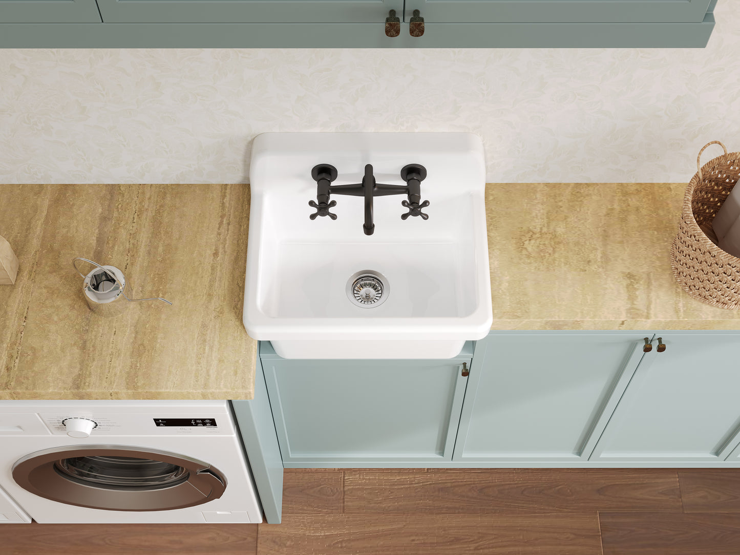 ELLAI White Ceramic Farmhouse Kitchen Sink 24"x19"x16.5" Farm Style Wall Mount Utility Sink High Back Floating Bathroom Sink Wall Mounted Laundry Sink with 8 Inch Center Faucet Matte Black