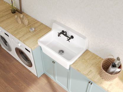 ELLAI White Ceramic Farmhouse Kitchen Sink 30"x19"x18" Farm Style Wall Mount Utility Sink High Back Floating Bathroom Sink Wall Mounted Laundry Sink with 8 Inch Center Faucet Matte Black