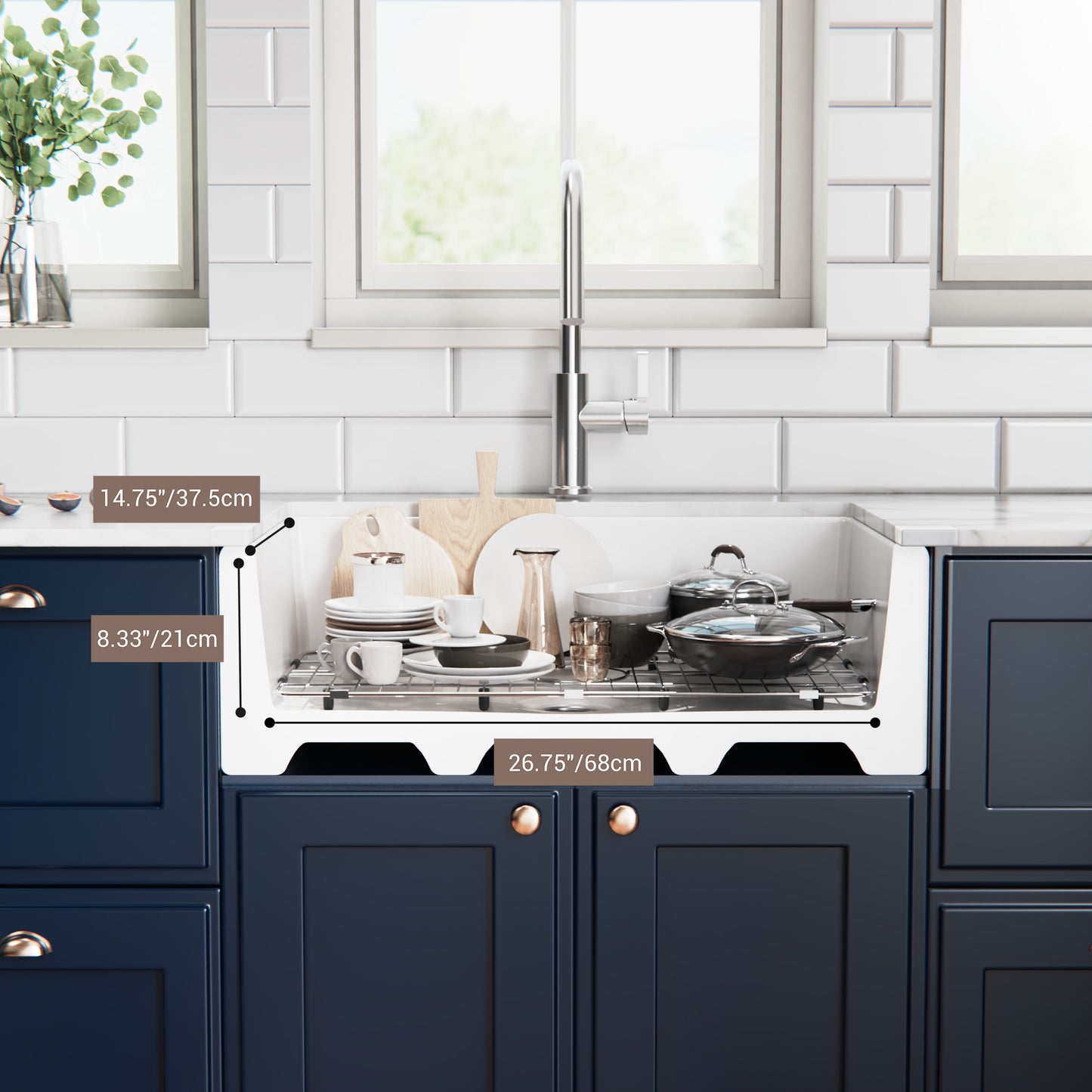 ELLAI Farmhouse Sink 30 Inch Fireclay Apron Front Single Bowl Deep Drop In Kitchen Sink Undermount Farm Sink with Bottom Grid & Strainer, 30”x18”x10” Reversible