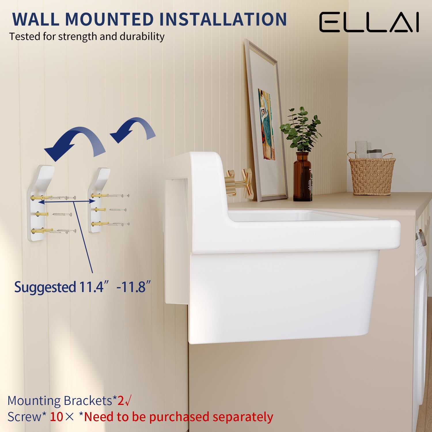 ELLAI 24 Inch White Ceramic Farm Style Wall Mount Utility Sink High Ba