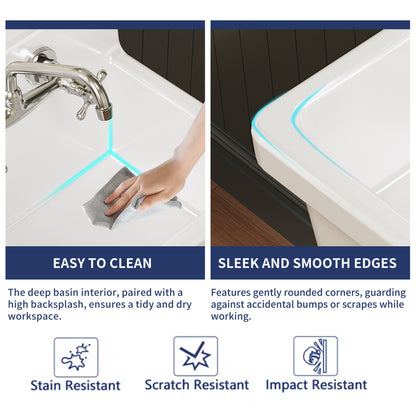 ELLAI 30 Inch White Wall Mount Utility Sink High Back Wall Mounted Ceramic Laundry Tub Slop Sink for Laundry Room, Garage, Kitchen, Basement 30" x 19" x 18"