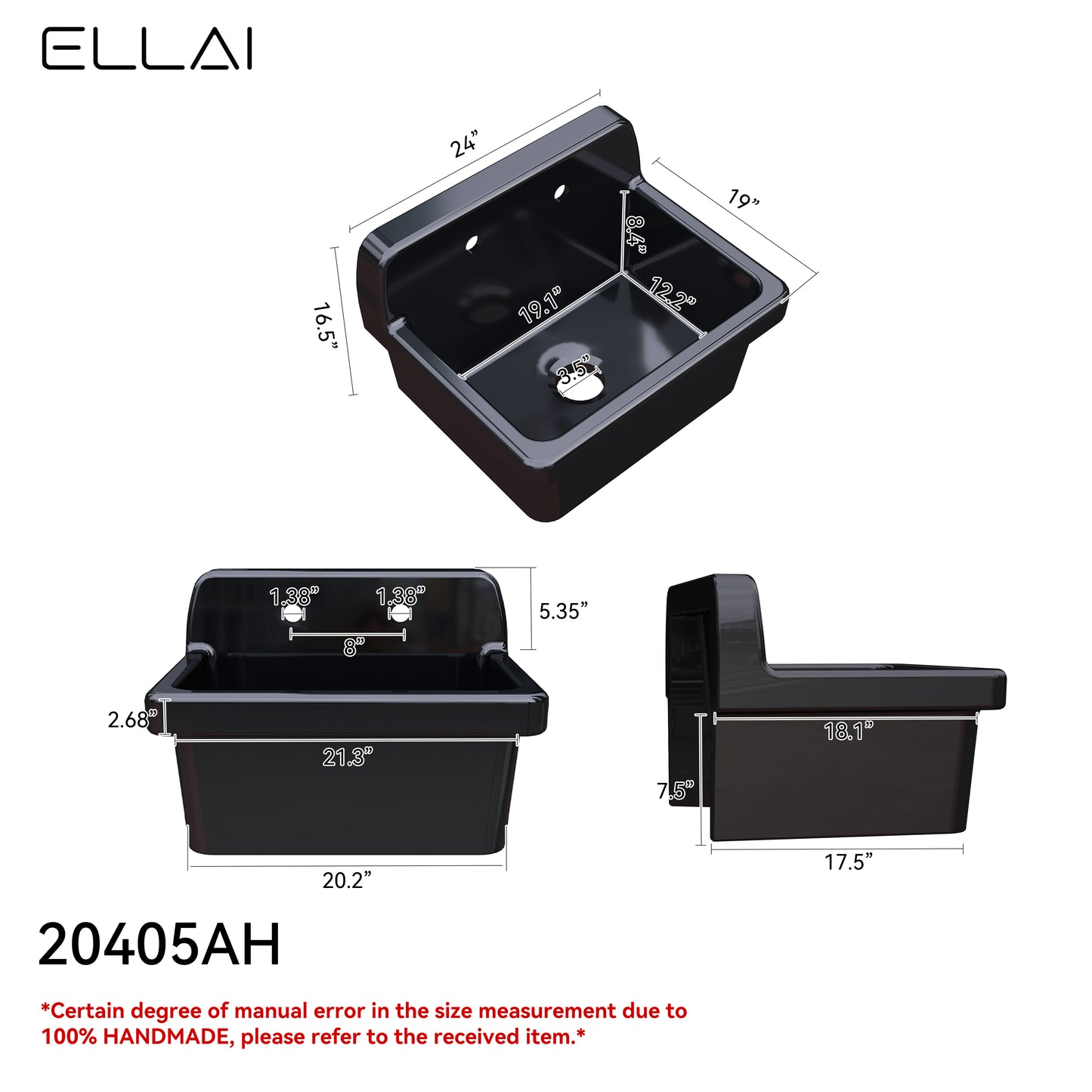 ELLAI Glossy Black Ceramic Farmhouse Kitchen Sink 24"x19"x16.5" Farm Style Wall Mount Utility Sink High Back Floating Bathroom Sink Wall Mounted Laundry Sink Laundry Tub Slop Sink