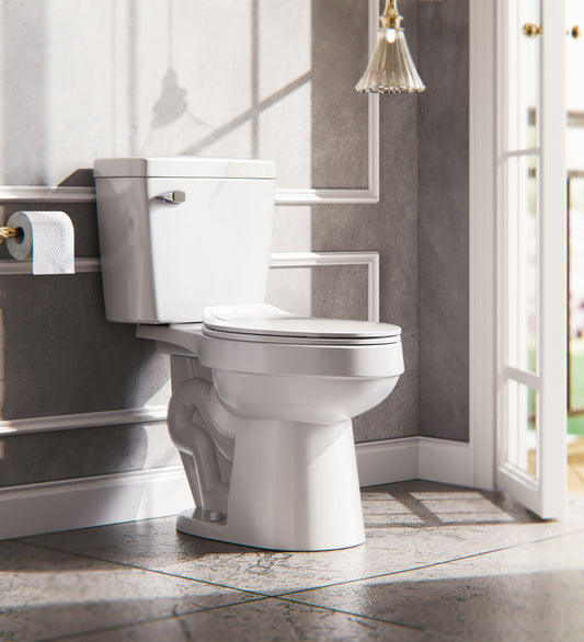 White 2-piece Elongated Toilet with Standard 12-in Rough-in , ELLAI Powerful Single Flush 1.28 GPF ADA Chair Height Toilet (Seat Included)