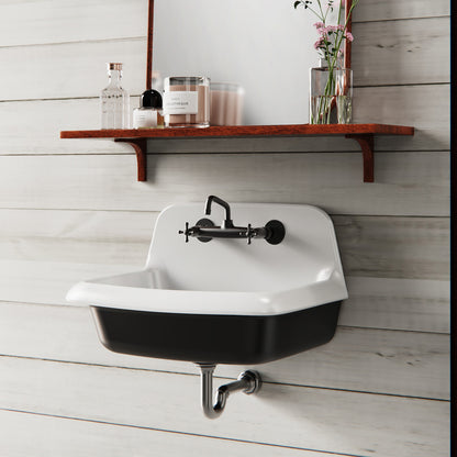 ELLAI 24 Inch Wall Mounted High Back Kitchen Sink White and Black Porcelain Utility Sink Farm Sink Ceramic Farmhouse Laundry Sink Wall Mount Bathroom Sink, 8 in centers, 24” x 17” x 15”