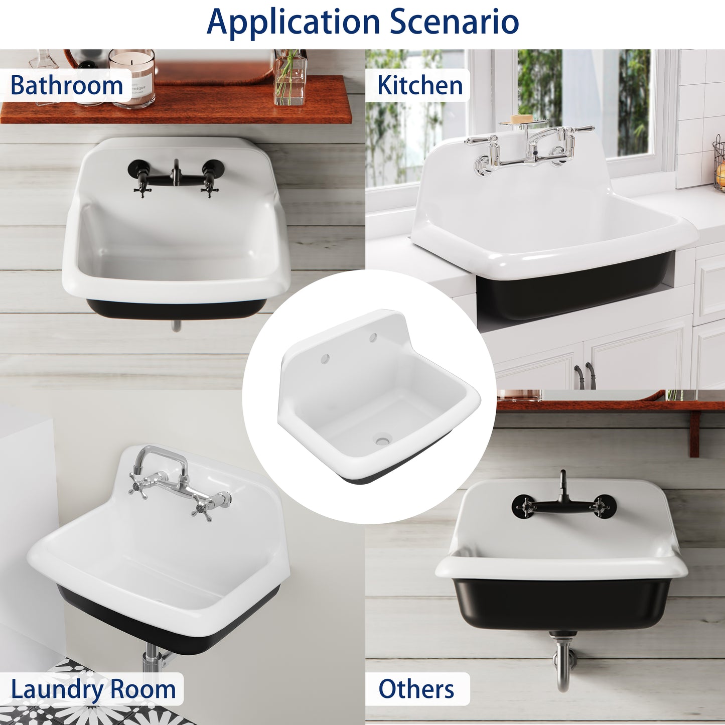 ELLAI 24 Inch Wall Mounted High Back Kitchen Sink White and Black Porcelain Utility Sink Farm Sink Ceramic Farmhouse Laundry Sink Wall Mount Bathroom Sink, 8 in centers, 24” x 17” x 15”