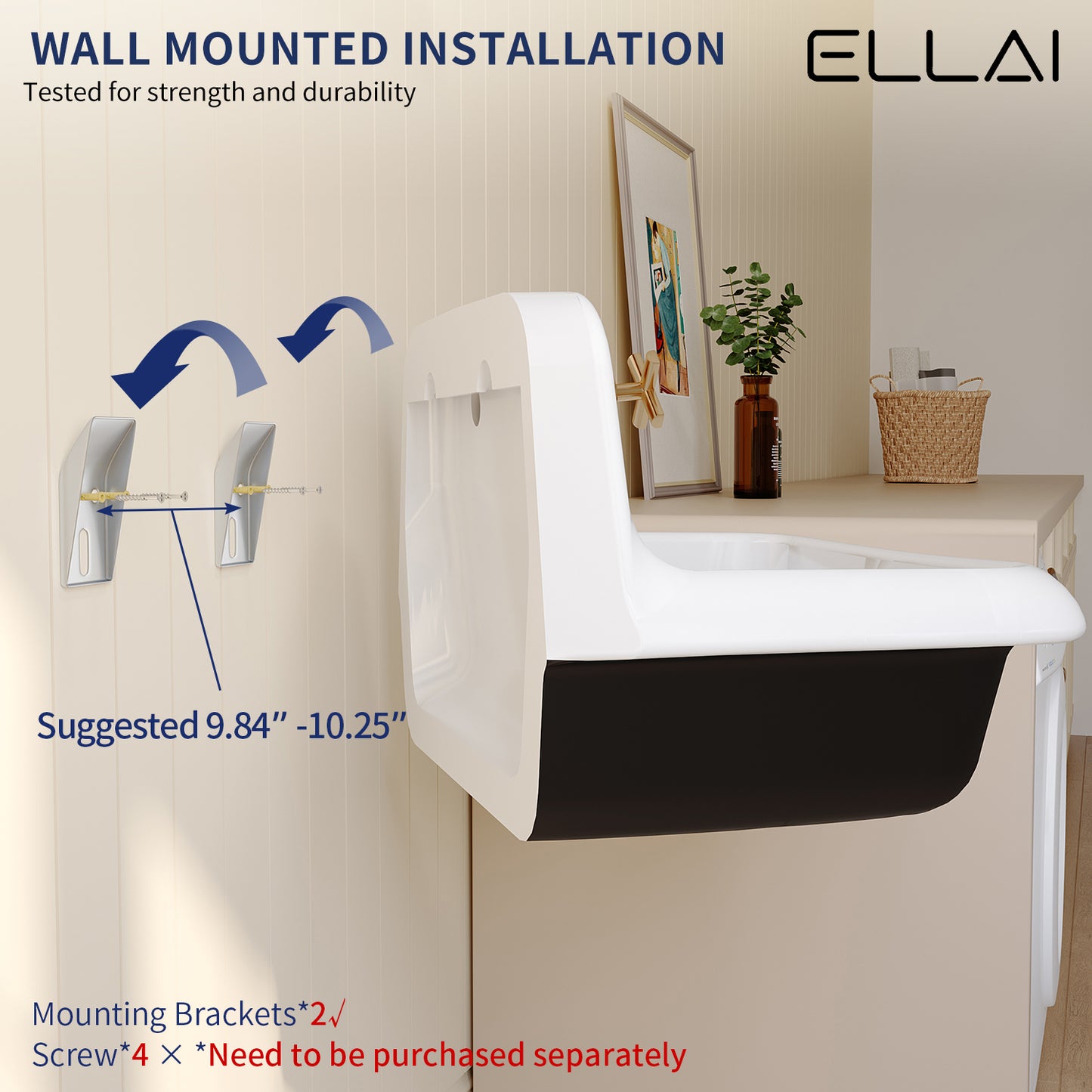 ELLAI 24 Inch Wall Mounted High Back Kitchen Sink White and Black Porcelain Utility Sink Farm Sink Ceramic Farmhouse Laundry Sink Wall Mount Bathroom Sink, 8 in centers, 24” x 17” x 15”