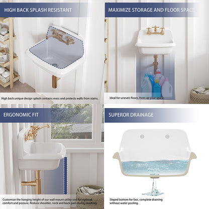 ELLAI 24 Inch Wall Mounted High Back Kitchen Sink White Porcelain Utility Sink Farm Sink Ceramic Farmhouse Laundry Sink Wall Mount Bathroom Sink, 8 in centers, 24” x 17” x 15”