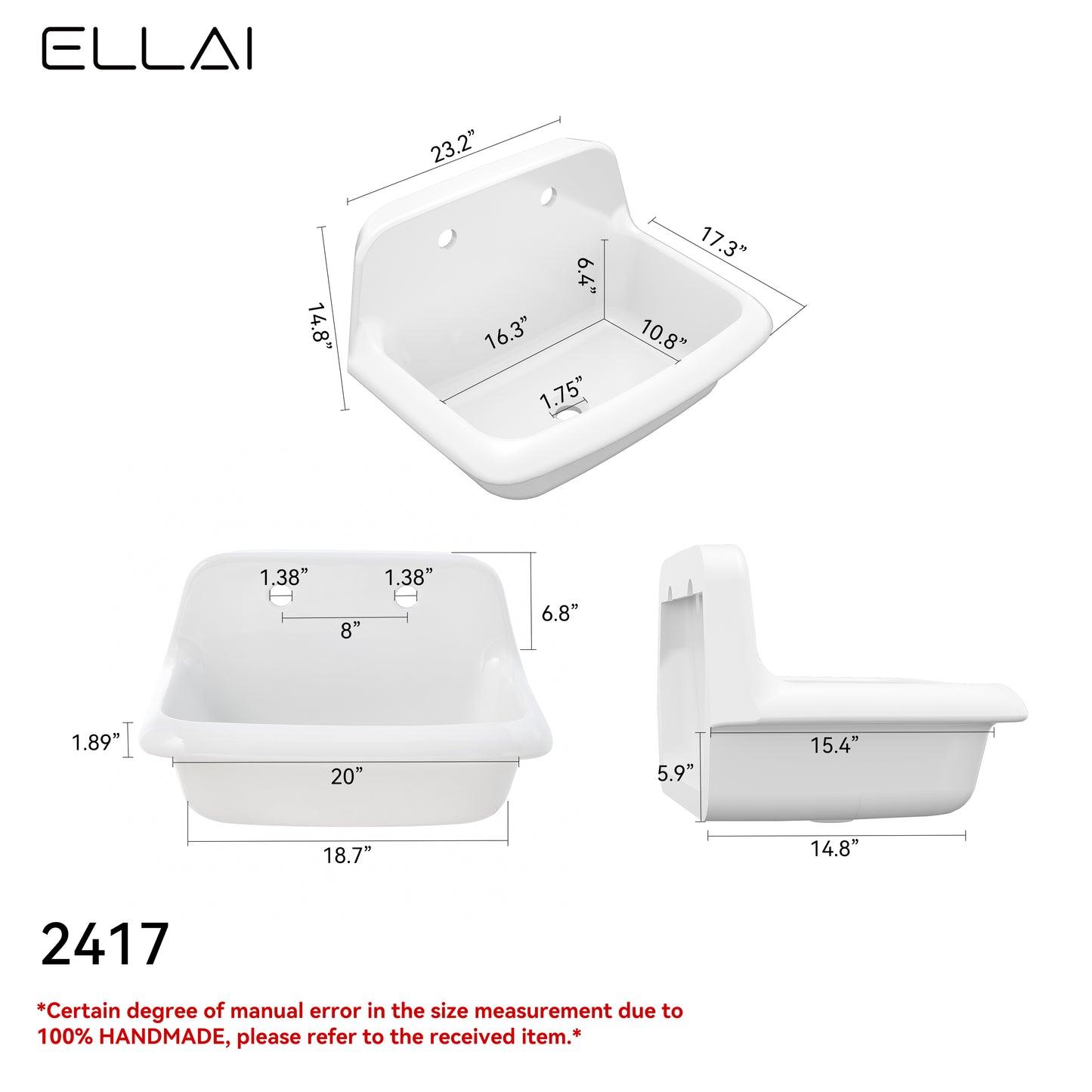 ELLAI 24 Inch Wall Mounted High Back Kitchen Sink White Porcelain Utility Sink Farm Sink Ceramic Farmhouse Laundry Sink Wall Mount Bathroom Sink, 8 in centers, 24” x 17” x 15”