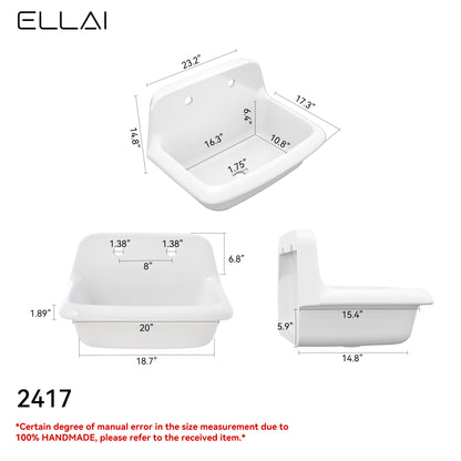 ELLAI 24 Inch Wall Mounted High Back Kitchen Sink White Porcelain Utility Sink Farm Sink Ceramic Farmhouse Laundry Sink Wall Mount Bathroom Sink, 8 in centers, 24” x 17” x 15”