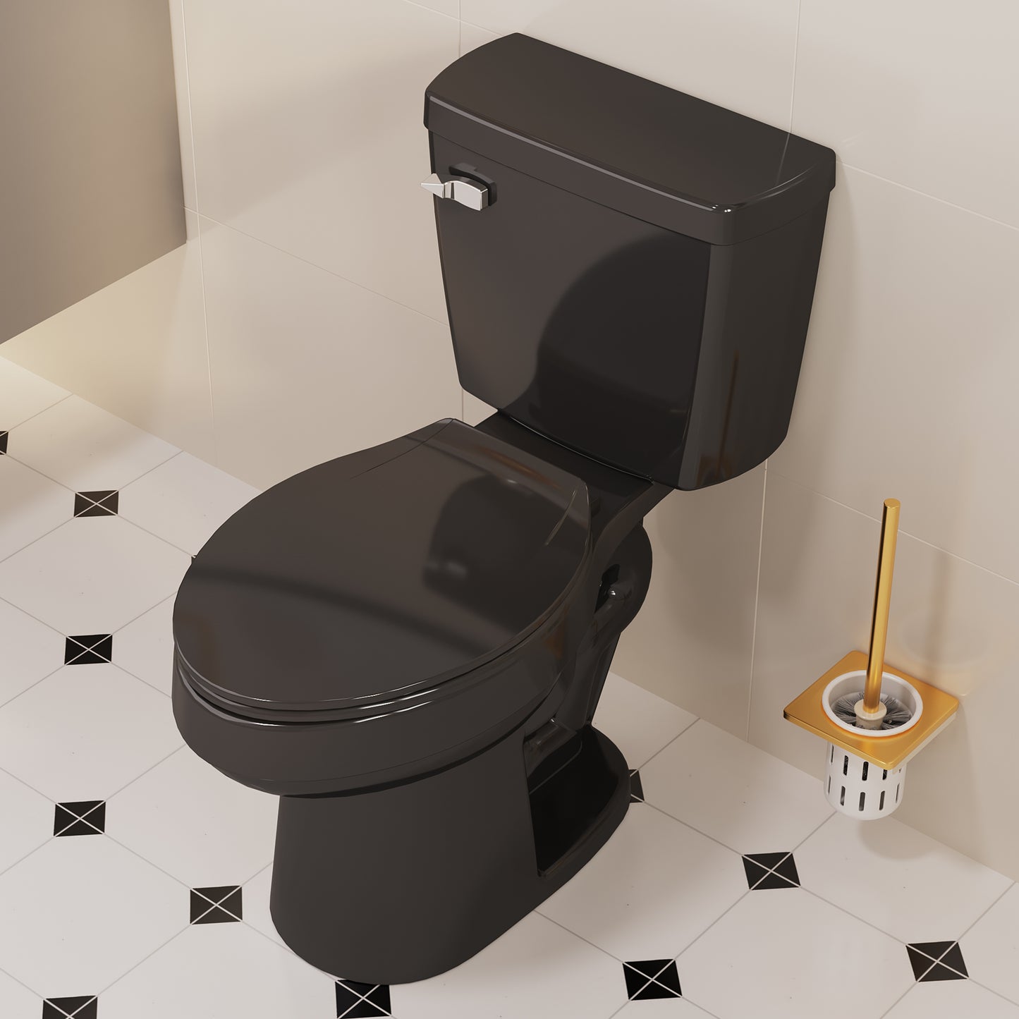 ELLAI Two Piece Elongated Toilets ADA Chair Comfort Height 16.5" Powerful Single Flush 1.28 GPF 12” Rough In with Side Trip Lever, Glossy Black 28.3"x17.2“x31"