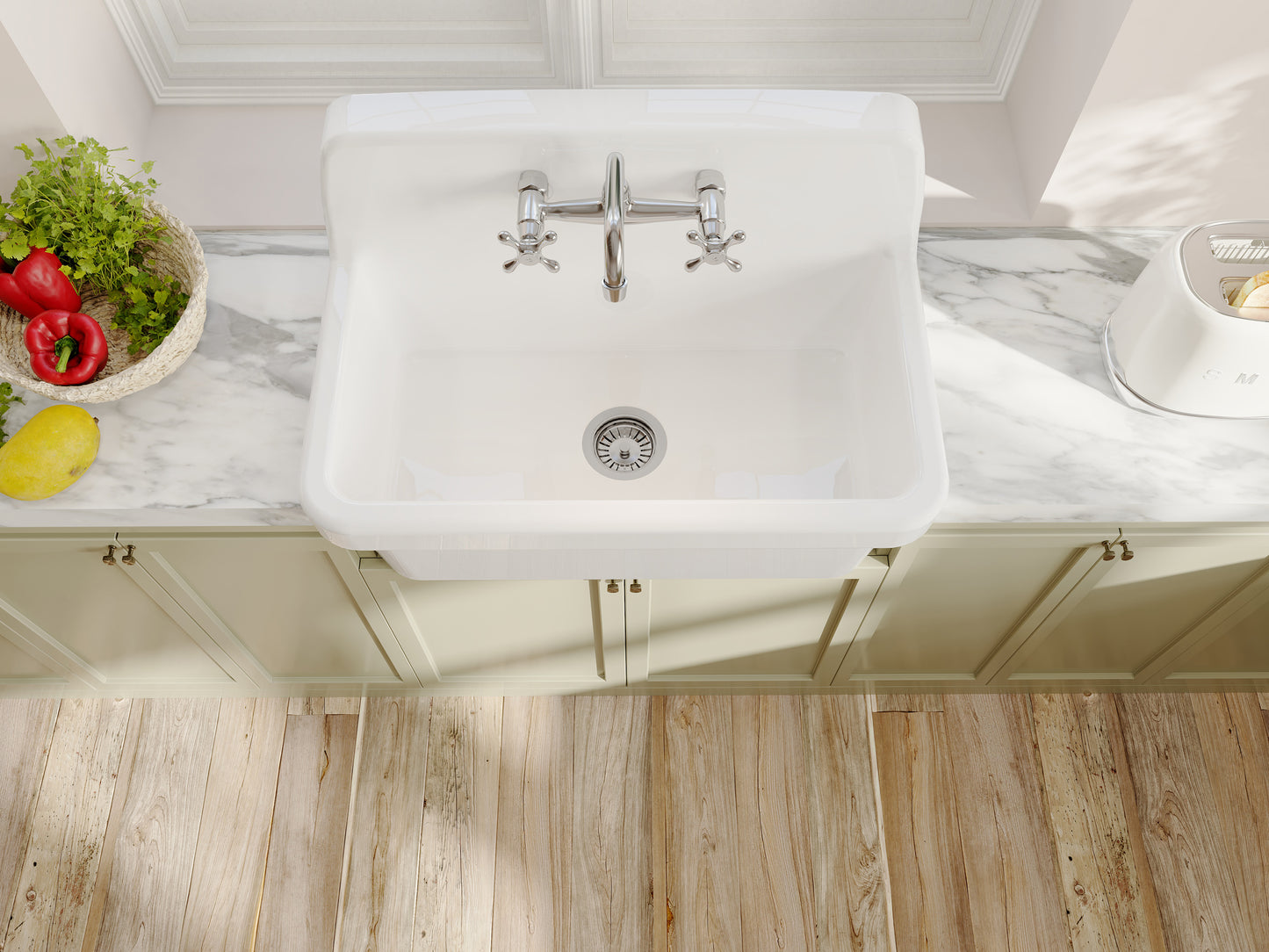 ELLAI White Ceramic Farmhouse Kitchen Sink 30"x19"x18" Farm Style Wall Mount Utility Sink High Back Floating Bathroom Sink Wall Mounted Laundry Sink with 8 Inch Center Faucet Polished Chrome