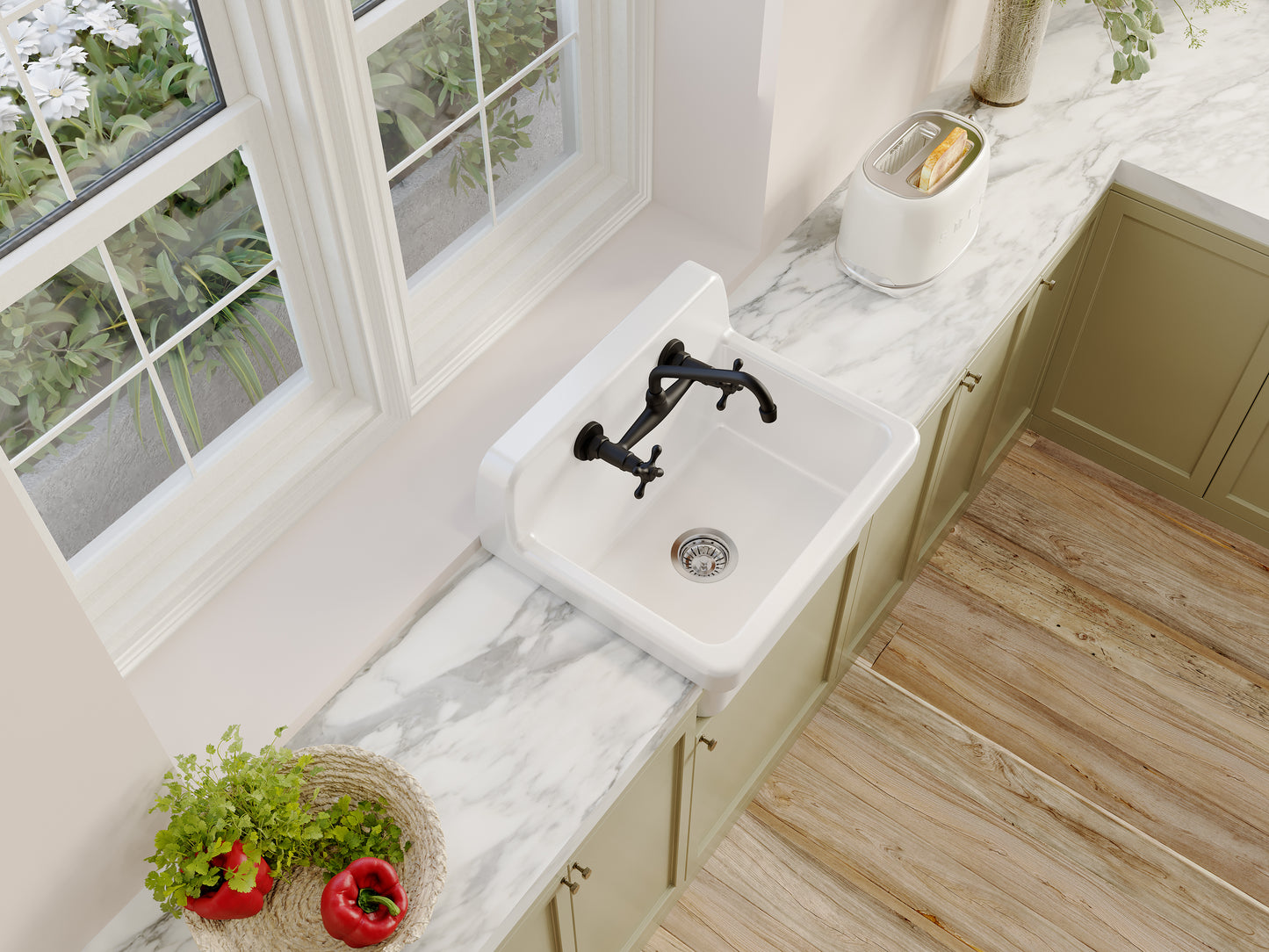 ELLAI White Ceramic Farmhouse Kitchen Sink 24"x19"x16.5" Farm Style Wall Mount Utility Sink High Back Floating Bathroom Sink Wall Mounted Laundry Sink with 8 Inch Center Faucet Matte Black