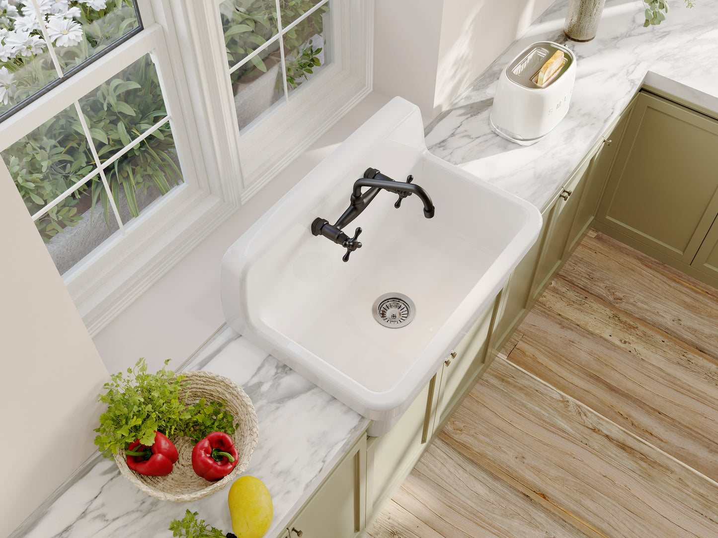 ELLAI White Ceramic Farmhouse Kitchen Sink 30"x19"x18" Farm Style Wall Mount Utility Sink High Back Floating Bathroom Sink Wall Mounted Laundry Sink with 8 Inch Center Faucet Matte Black