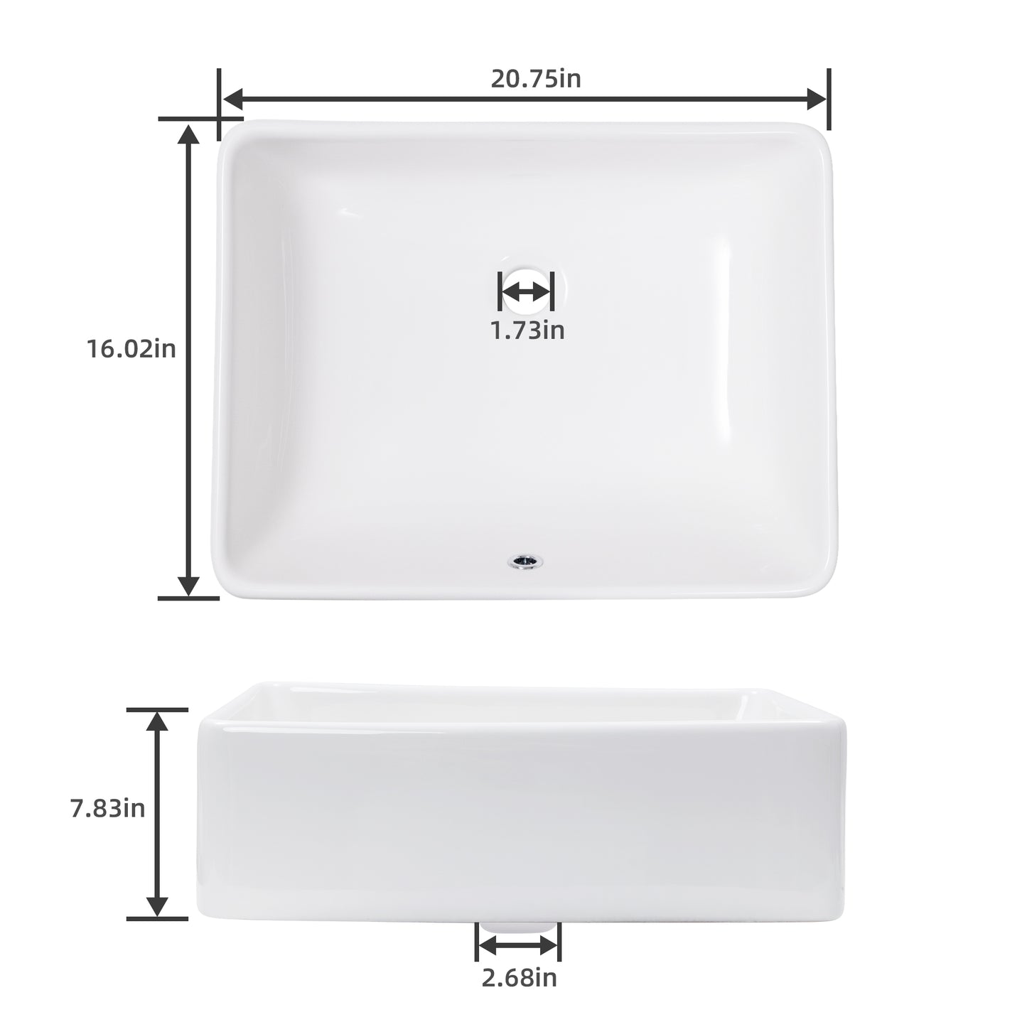 ELLAI Rectangle Vessel Sink 21"x16"x6” White Bathroom Sink Above Counter Porcelain Ceramic Small Sink Bowl Countertop Vanity Art Basin