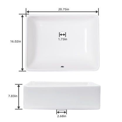 ELLAI Rectangle Vessel Sink 21"x16"x6” White Bathroom Sink Above Counter Porcelain Ceramic Small Sink Bowl Countertop Vanity Art Basin