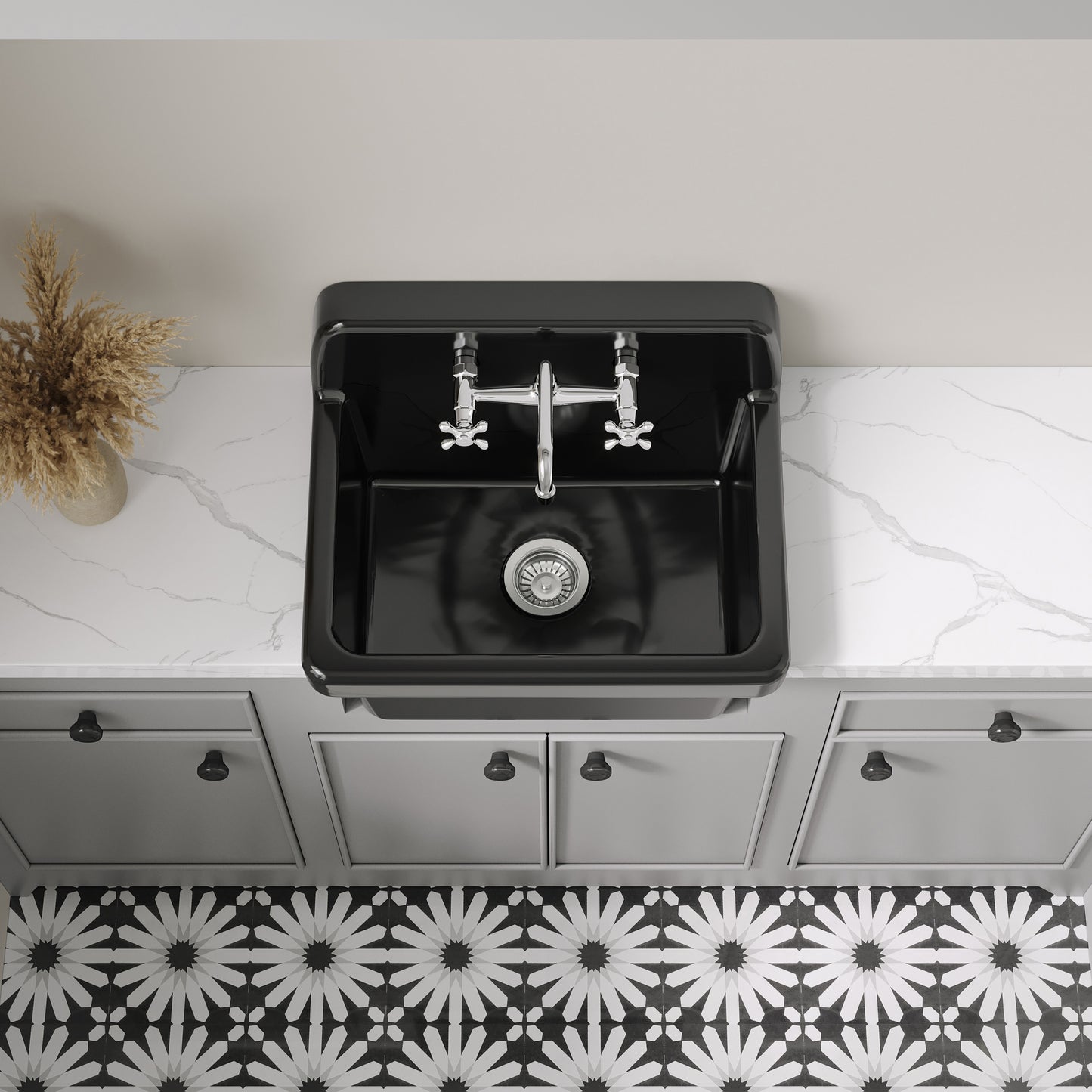 ELLAI Glossy Black Ceramic Farmhouse Kitchen Sink 24"x19"x16.5" Farm Style Wall Mount Utility Sink High Back Floating Bathroom Sink Wall Mounted Laundry Sink Laundry Tub Slop Sink