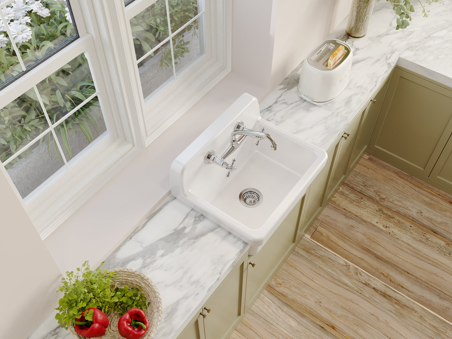 ELLAI White Ceramic Farmhouse Kitchen Sink 24"x19"x16.5" Farm Style Wall Mount Utility Sink High Back Floating Bathroom Sink Wall Mounted Laundry Sink with 8 Inch Center Faucet Polished Chrome