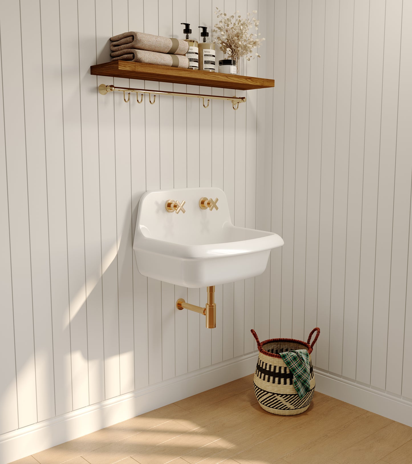 ELLAI 24 Inch Wall Mounted High Back Kitchen Sink White Porcelain Utility Sink Farm Sink Ceramic Farmhouse Laundry Sink Wall Mount Bathroom Sink, 8 in centers, 24” x 17” x 15”