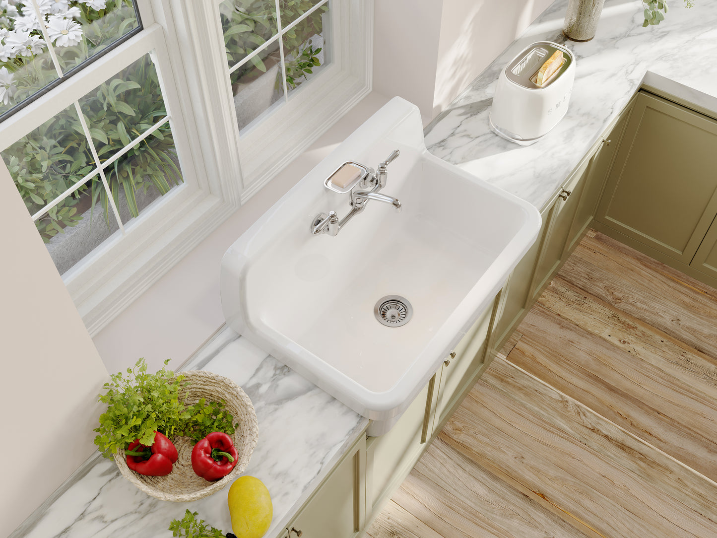 ELLAI White Ceramic Farmhouse Kitchen Sink 30"x19"x18" Farm Style Wall Mount Utility Sink High Back Floating Bathroom Sink Wall Mounted Laundry Sink with 8 Inch Center Faucet Chrome with Soap Tray