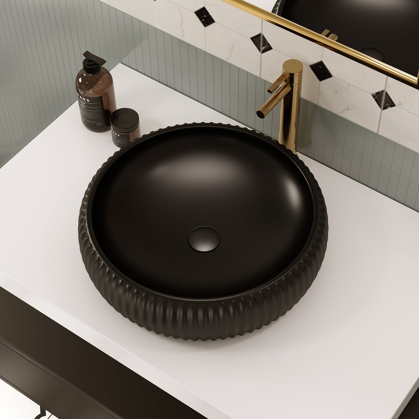 ELLAI Bathroom Vessel Sink 16.5"x4.9" Round Matte Black Vessel Sink with Black Pop Up Drain, Bathroom Sink Above Counter, Ceramic Countertop Vessel Sink for Bathroom