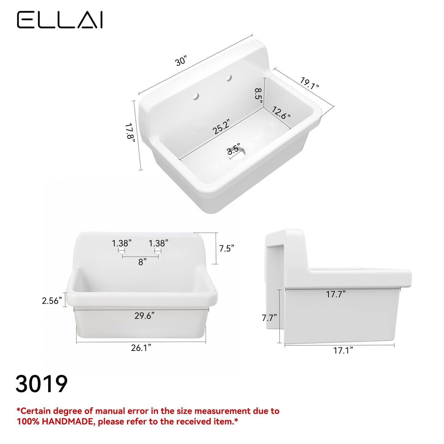 ELLAI 30 Inch White Wall Mount Utility Sink High Back Wall Mounted Ceramic Laundry Tub Slop Sink for Laundry Room, Garage, Kitchen, Basement 30" x 19" x 18"